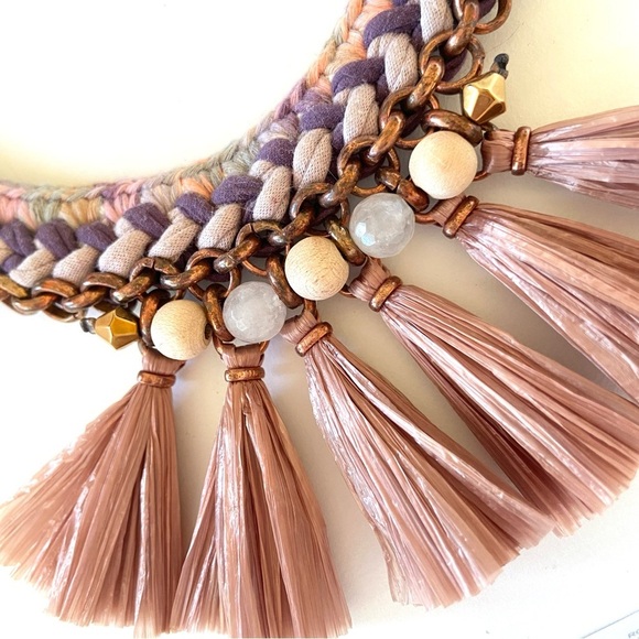 GUDBLING Boho Raffia Tassel & Crochet Statement Necklace - Picture 5 of 8